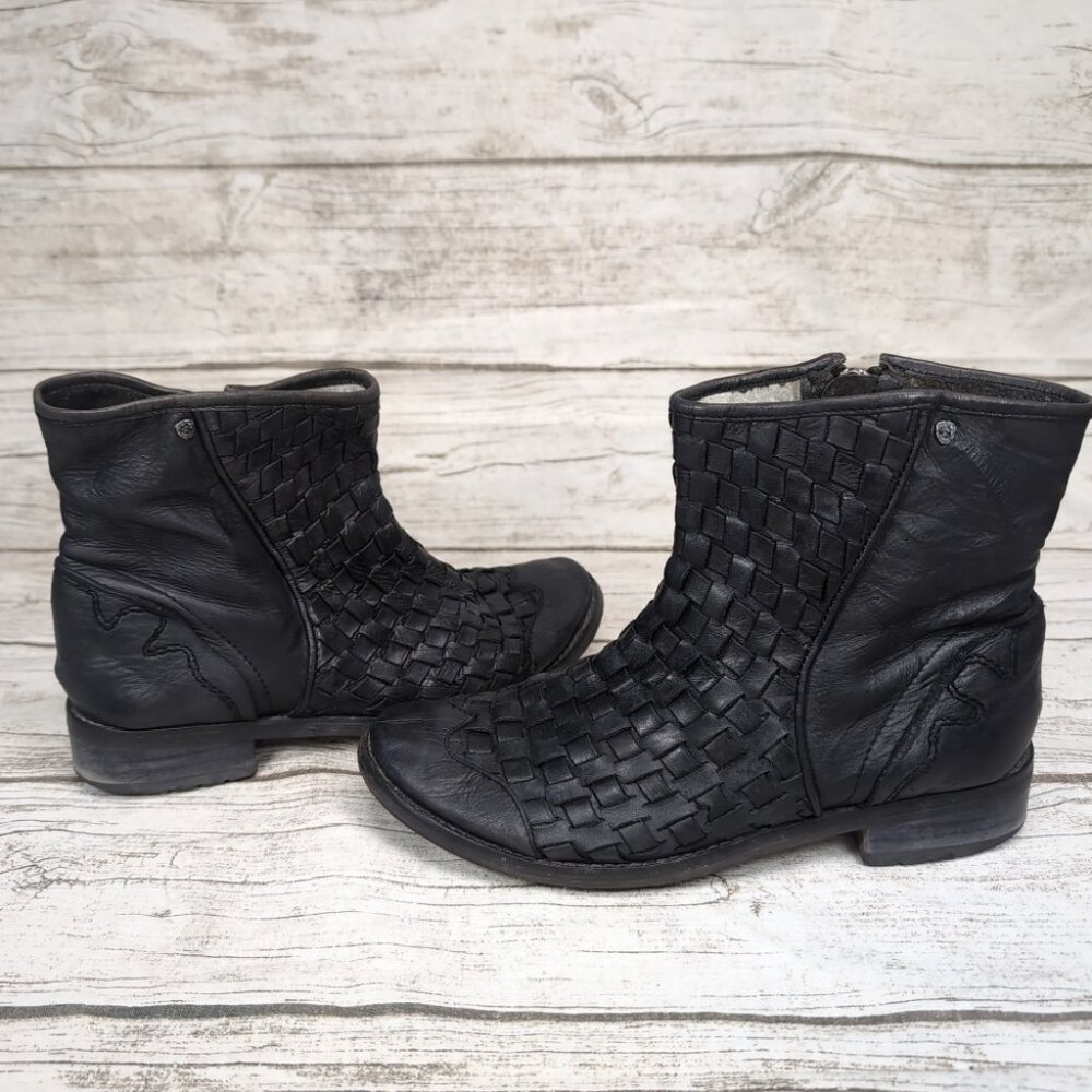 Feud Brittania Soft Black Woven Leather Ankle Boots Women Size 39